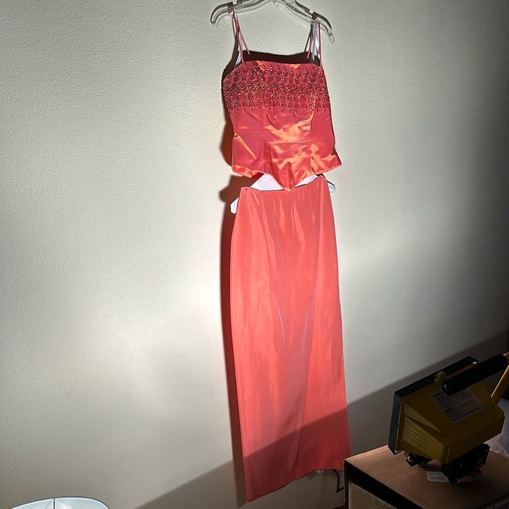 Niki Livas 2-piece formal dress. Tropical orange/salmon color.